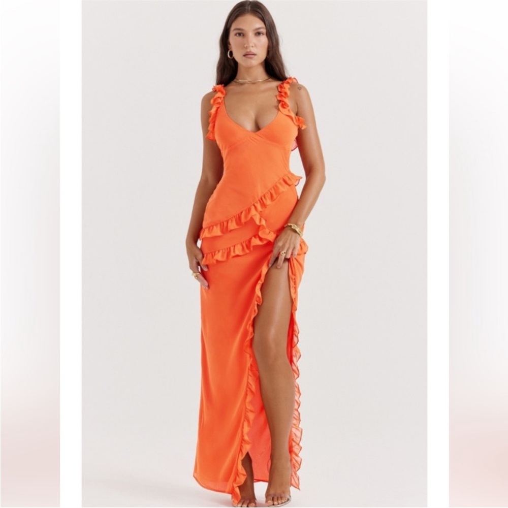 House of CB Pixie Flame Orange Ruffle Maxi Dress with High Slit Women’s Small